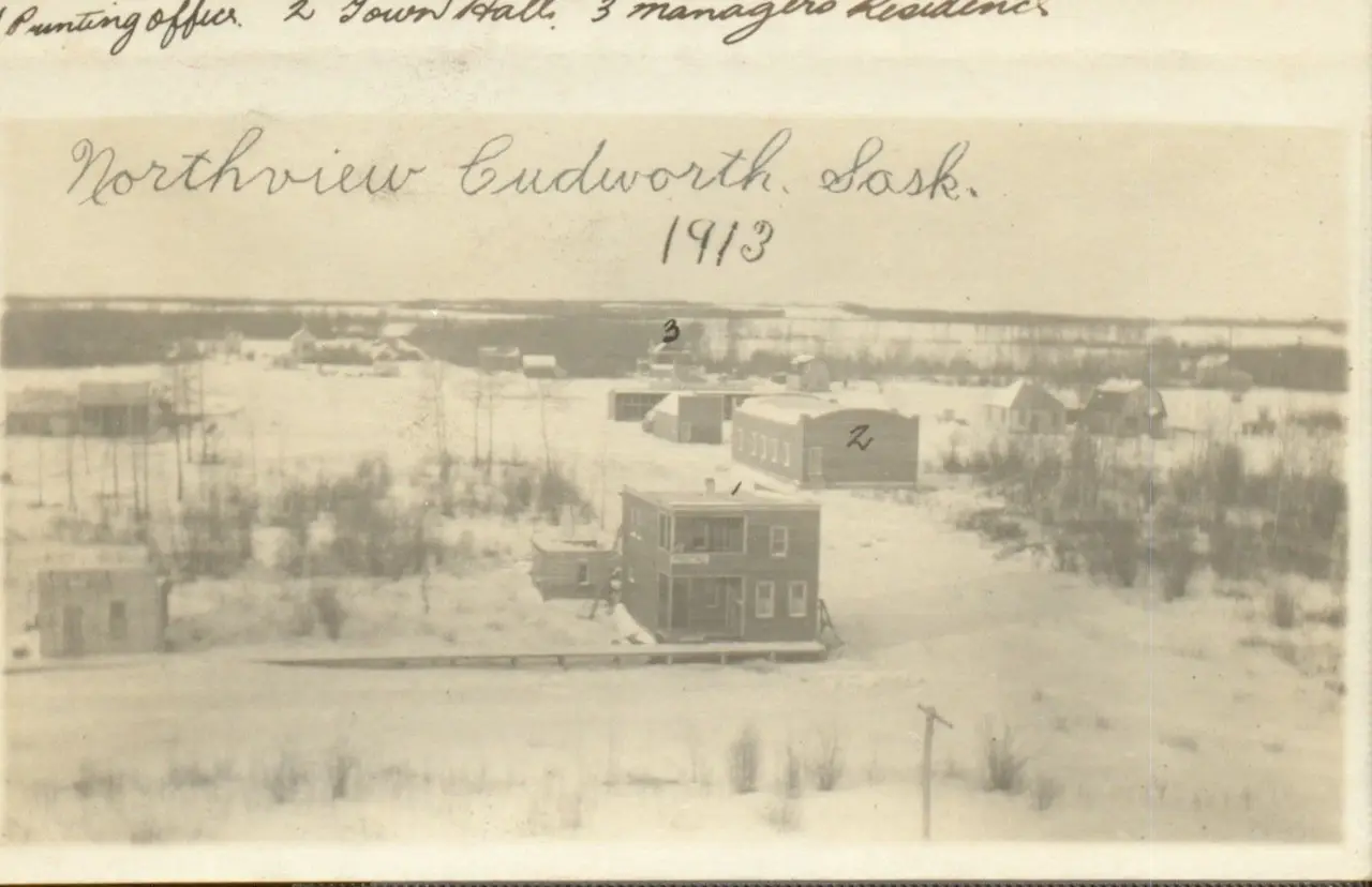 North view of Cudworth showing the printing office, town hall and manager's residence, 1913
